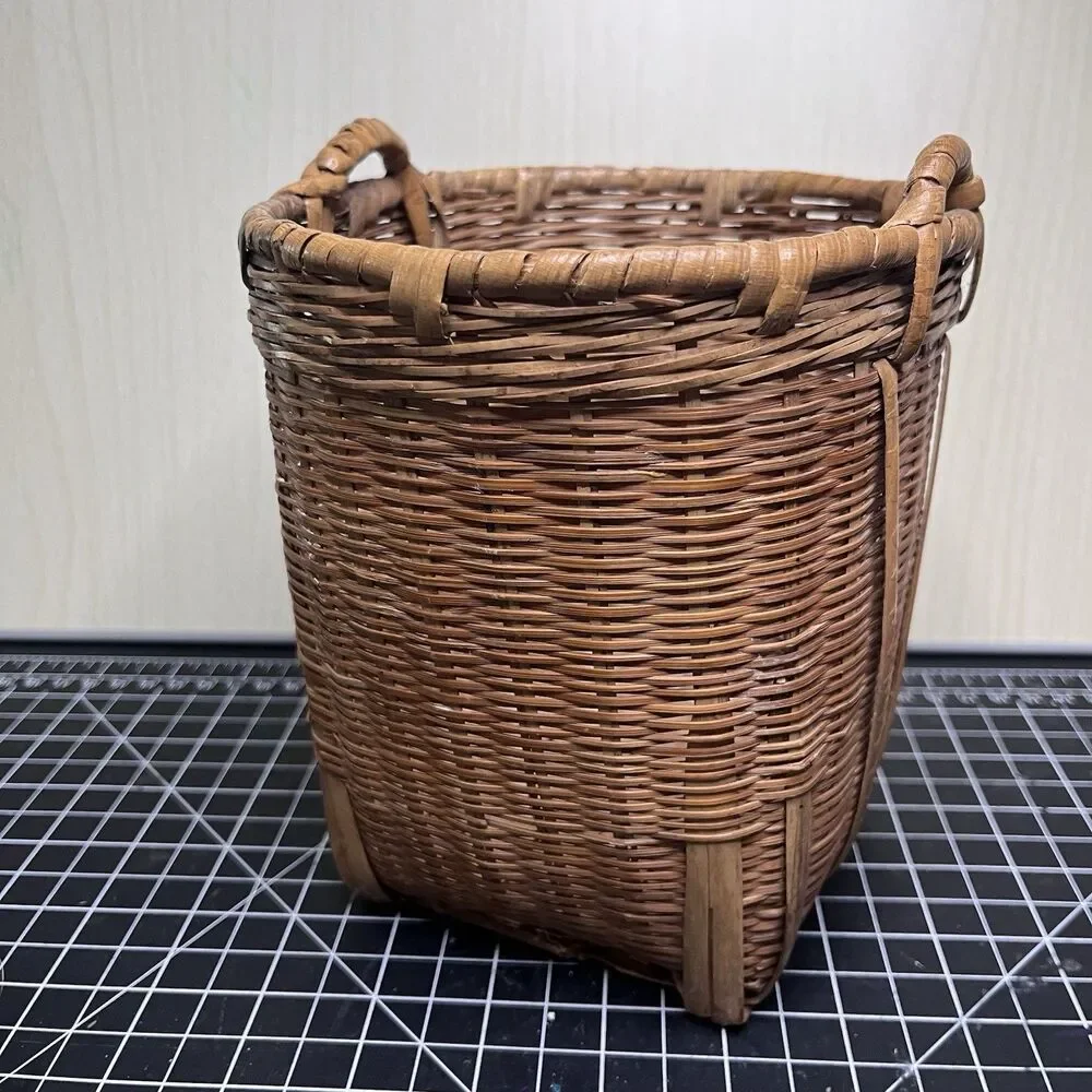 Vintage Handmade Wicker Rattan Basket Planter Brown W Tortoise Bamboo Reeds Boho
